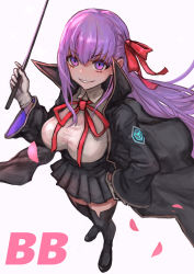 Rule 34 | 1girl, absurdres, bb (fate), bb (fate/extra), black coat, black footwear, black skirt, black thighhighs, breasts, coat, fate/extra, fate/extra ccc, fate (series), gloves, grin, hair ribbon, high-waist skirt, highres, holding, holding wand, large breasts, leotard, long hair, looking at viewer, neck ribbon, open clothes, open coat, petals, popped collar, purple eyes, purple hair, red ribbon, ribbon, sabamiso taro, skirt, smile, thighhighs, very long hair, wand, white gloves, white leotard, wide sleeves