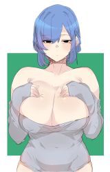 Rule 34 | 1girl, bare shoulders, black choker, black eyes, blue hair, breasts, choker, cleavage, gimmogu, grey sweater, hands on own chest, huge breasts, large breasts, long sleeves, looking at viewer, mole, mole under eye, off-shoulder sweater, off shoulder, original, short hair, simple background, sleeves past wrists, solo, sweater, upper body