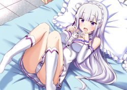 Rule 34 | 10s, 1girl, :d, ass, bare shoulders, bed, bed sheet, between breasts, blunt bangs, braid, breasts, cleavage, closed eyes, creature, crown braid, detached sleeves, dress, earrings, emilia (re:zero), flower, frilled dress, frilled pillow, frills, from above, hair flower, hair ornament, hairclip, indoors, jewelry, kneehighs, knees together feet apart, legs up, long hair, long sleeves, medium breasts, no shoes, on bed, open mouth, panties, pillow, playing, puck (re:zero), purple eyes, re:zero kara hajimeru isekai seikatsu, silver hair, sleeveless, sleeveless dress, smile, socks, thighs, tsurime, underwear, upskirt, very long hair, white dress, white panties, white socks