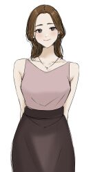 Rule 34 | 1girl, absurdres, arms behind back, black skirt, blush, breasts, brown hair, collarbone, forehead, highres, large breasts, looking at viewer, original, parted bangs, parted lips, pink shirt, shirt, simple background, skirt, smile, tantanmen72, white background
