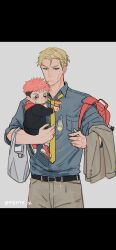 Rule 34 | 2boys, aged down, backpack, bag, belt, black belt, black hair, black shirt, blonde hair, blue shirt, blush, breast pocket, brown eyes, carrying, child carry, collared shirt, commentary request, cowboy shot, crying, food, food on clothes, full body, grey jacket, grey pants, highres, holding, ice cream, ice cream cone, itadori yuuji, jacket, jujutsu kaisen, jujutsu tech uniform, long sleeves, male focus, multicolored hair, multiple boys, nanami kento, necktie, nume x, pants, pink hair, pocket, red bag, red footwear, shirt, suit jacket, sweatdrop, tears, two-tone hair, unworn jacket, yellow necktie