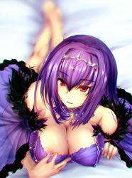 Rule 34 | 1girl, areola slip, bare shoulders, breasts, caster (lostbelt), cleavage, clothes pull, detached collar, dress, dress pull, fate/grand order, fate (series), fur trim, hair between eyes, headpiece, jewelry, kimura shuuichi, large breasts, long hair, lying, on stomach, pendant, purple dress, purple hair, red eyes, scathach (fate), scathach skadi (fate), solo, tiara