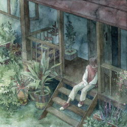 Rule 34 | 1boy, artist name, between legs, brown hair, door, flower, from above, garden, hair over eyes, hand between legs, highres, long sleeves, male focus, onoda ema, original, outdoors, painting (medium), pants, plant, porch, potted plant, purple flower, railing, red footwear, red vest, shirt, shoes, short hair, sitting, sneakers, solo, stairs, traditional media, vest, watercolor (medium), watermark, white pants, white shirt, wooden porch