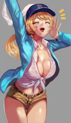 Rule 34 | 1girl, ^^^, ^ ^, arm up, baseball cap, belt, blonde hair, blue hat, blue jacket, body writing, boston red sox, breasts, cheering, cleavage, closed eyes, clothes writing, collared shirt, cowboy shot, ellen baker, facepaint, front-tie top, grey background, hair tie, hat, jacket, large breasts, long hair, long sleeves, major league baseball, midriff, new horizon, open mouth, palms, ponytail, see-through, shirt, short shorts, shorts, simple background, solo, stomach, thigh gap, tied shirt, whistlerx, white shirt