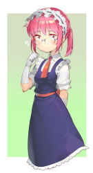 Rule 34 | 1girl, arm behind back, blush, breasts, brown eyes, closed mouth, coon, elbow gloves, embarrassed, glasses, gloves, hand to own mouth, highres, kobayashi-san chi no maidragon, kobayashi (maidragon), looking at viewer, looking to the side, maid, maid headdress, red hair, short hair, simple background, small breasts, solo, standing, upper body, white gloves