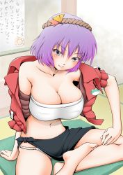 Rule 34 | 1girl, bad id, bad pixiv id, barefoot, breasts, cleavage, feet, female focus, from above, fundoshi, highres, indian style, japanese clothes, koibumi, large breasts, midriff, navel, open clothes, open shirt, purple hair, sarong, shirt, short hair, sitting, solo, strapless, touhou, tube top, yasaka kanako