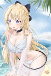 Rule 34 | 1girl, absurdres, beach, bikini, blonde hair, blue eyes, blush, bow, breasts, choker, cleavage, commission, detached sleeves, earrings, hair bow, halterneck, highres, jewelry, large breasts, leaning forward, long hair, looking away, looking to the side, navel, open mouth, original, sand, see-through, see-through skirt, see-through sleeves, skirt, solo, starfish, suisen (suisenhwa), swimsuit, tree, very long hair
