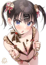 Rule 34 | 1girl, :o, bare shoulders, between breasts, bikini, black choker, black hair, blue eyes, blush, breasts, chocolate, choker, cleavage, downblouse, frilled bikini, frills, from above, hair ornament, highres, long hair, looking at viewer, multi-strapped bikini, navel, open mouth, original, sidelocks, simple background, small breasts, solo, stomach, striped bikini, striped clothes, swimsuit, thighs, tsukana (saba mizore), twintails, v-shaped eyebrows, white background
