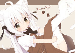 Rule 34 | 1girl, ahoge, animal ears, ayanepuna, black bow, black ribbon, blush, bow, brown background, brown dress, brown eyes, cat ears, cat girl, cat tail, character name, closed mouth, collared shirt, commentary request, dress, hair between eyes, hair ribbon, legs up, looking at viewer, lying, no shoes, on back, original, puffy short sleeves, puffy sleeves, ribbon, shirt, short sleeves, sleeveless, sleeveless dress, smile, soles, solo, tail, thighhighs, two-tone background, two side up, white hair, white shirt, white thighhighs