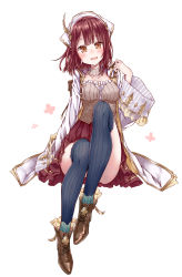 Rule 34 | 1girl, :d, arm at side, atelier (series), atelier lydie &amp; suelle, atelier sophie, backpack, bag, black thighhighs, blush, boots, breasts, brown eyes, brown footwear, brown hair, collarbone, commentary request, corset, detached collar, full body, head tilt, highres, long sleeves, looking at viewer, medium breasts, open mouth, red skirt, simple background, sitting, skirt, smile, solo, sophie neuenmuller, thighhighs, white background, wide sleeves