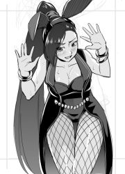 Rule 34 | 1girl, animal ears, breasts, cleavage, commentary request, dragon quest, dragon quest xi, fake animal ears, fishnet pantyhose, fishnets, greyscale, large breasts, leotard, long hair, looking at viewer, martina (dq11), monochrome, noragami sota, open mouth, pantyhose, playboy bunny, rabbit ears, rabbit girl, smile, solo