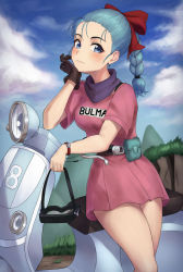 Rule 34 | 1girl, angdo (kakajo26), belt, black gloves, blue eyes, blue hair, blush, bow, braid, breasts, brown belt, bulma, character name, cloud, commentary request, day, dragon ball, dragon ball (classic), dress, gloves, goggles, hair bow, hair ribbon, highres, long hair, looking at viewer, outdoors, pink dress, pouch, red bow, ribbon, short sleeves, single glove, sky, solo, watch, wristwatch