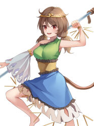 Rule 34 | 1girl, absurdres, barefoot, blue dress, brown eyes, brown hair, circlet, detached sleeves, dress, green dress, hair between eyes, highres, koizumo, long hair, low twintails, monkey tail, multicolored clothes, multicolored dress, open mouth, simple background, single detached sleeve, smile, solo, son biten, tail, touhou, twintails, white background, white sleeves, yellow dress