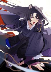 Rule 34 | :o, absurdres, animal ear fluff, animal ears, arknights, arm support, black hair, black kimono, braid, dog ears, facial mark, fighting stance, forehead mark, geta, gradient eyes, guozhihanliangweida 10, hair ribbon, highres, japanese clothes, kimono, long hair, long sleeves, looking at viewer, multicolored eyes, on one knee, open mouth, orange eyes, outstretched arm, pants, parted bangs, purple eyes, purple pants, revision, ribbon, saga (arknights), side braid, simple background, solo, tabi, very long hair, white background, wide sleeves, yellow ribbon