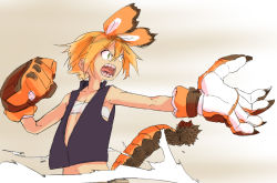 Rule 34 | 1girl, angry, animal hands, female focus, fighting stance, flat chest, gloves, open mouth, orange hair, paw gloves, sarashi, satsuyo, sharp teeth, short hair, solo, tail, teeth, vest