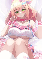 Rule 34 | 1girl, absurdres, blonde hair, blunt bangs, bow, breasts, character name, cheerleader, choker, clothes writing, frilled choker, frills, green eyes, hair bow, hair ornament, hair ribbon, hairpin, heart stickers, highres, hololive, large breasts, layered skirt, long hair, looking at viewer, midriff, miniskirt, mofu07519, momosuzu nene, momosuzu nene (cheerleader), navel, pink bow, pink choker, pink sash, pom pom (cheerleading), ribbon, sash, skirt, solo, tank top, underboob, virtual youtuber, wavy hair, white background, white skirt, white tank top