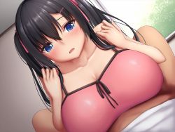 Rule 34 | 1girl, bare shoulders, black hair, blue eyes, blush, bottomless, breasts, breasts squeezed together, cleavage, embarrassed, from below, hair between eyes, hands up, highres, huge breasts, indoors, legs, looking at viewer, lying, nose blush, original, paizuri, parted lips, pink tank top, pov, solo focus, tank top, tapisuke, thighs, twintails