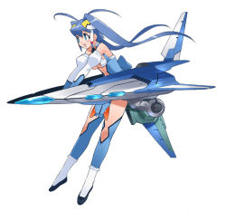 Rule 34 | 1girl, antenna hair, aoba anoa, bare shoulders, black bow, black bowtie, blue hair, blue theme, blue thighhighs, bow, bowtie, detached collar, detached sleeves, green eyes, happy, konami, long hair, mecha musume, official art, otomedius, pelvic curtain, revealing clothes, see-through, see-through skirt, simple background, skirt, smile, solo, thighhighs, twintails, vic viper, white background, yoshizaki mine