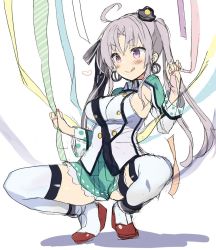 Rule 34 | 1girl, ahoge, akitsushima (kancolle), araki kanao, arched soles, blush, breasts, buttons, closed mouth, commentary request, crossed bangs, dot nose, double-breasted, full body, green skirt, grey hair, hands up, heart, kantai collection, legs, long hair, long sleeves, miniskirt, nail polish, parted bangs, pink nails, pleated skirt, polka dot, purple eyes, shadow, side ponytail, sketch, skirt, solo, squatting, thighhighs, tilted headwear, tongue, tongue out, very long hair, w arms, widow&#039;s peak, wing collar