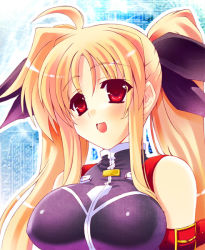 Rule 34 | 00s, 1girl, ahoge, armband, belt, blonde hair, blush, breasts, close-up, fate testarossa, fate testarossa (true sonic form), female focus, hair ribbon, iga tamaki, large breasts, long hair, lyrical nanoha, mahou shoujo lyrical nanoha, mahou shoujo lyrical nanoha strikers, open mouth, red eyes, ribbon, shiny clothes, smile, solo, strap, turtleneck, twintails
