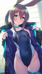 Rule 34 | 1girl, amiya (arknights), animal ears, arknights, black jacket, blue eyes, blue one-piece swimsuit, blush, breasts, brown hair, clothes writing, competition swimsuit, fukai ryosuke, hair between eyes, highleg, highleg swimsuit, highres, indoors, jacket, jewelry, long hair, long sleeves, looking at viewer, multiple rings, neck ring, one-piece swimsuit, open clothes, open jacket, ponytail, rabbit ears, ring, sidelocks, small breasts, solo, swimsuit, thigh strap