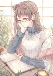 Rule 34 | 10s, 1girl, bad id, bad pixiv id, bespectacled, blanket, book, brown hair, cappuccino, coffee, coffee cup, commentary request, cup, disposable cup, earrings, frown, glasses, grey hair, half updo, head rest, highres, jewelry, kashiwagi tsukiko, latte art, long hair, long sleeves, love live!, love live! school idol festival, love live! school idol project, minami kotori, one side up, open book, plant, reading, scrunchie, sitting, sleeves past wrists, solo, sweater, table, turtleneck, yellow eyes