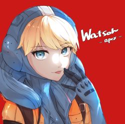 Rule 34 | 1girl, animification, apex legends, blonde hair, blue bodysuit, blue eyes, blue gloves, bodysuit, character name, copyright name, gloves, highres, hood, hood up, hooded bodysuit, jacket, looking at viewer, open hand, orange jacket, red background, ribbed bodysuit, solo, tmt.tem, tongue, tongue out, upper body, wattson (apex legends)