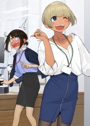 Rule 34 | ahoge, black skirt, blonde hair, blue eyes, blue jacket, blue shirt, blue skirt, blush, brown hair, collarbone, commentary, cup, dark-skinned female, dark skin, douki-chan (douki-chan), earrings, formal, full-face blush, ganbare douki-chan, highres, id card, jacket, jewelry, medium skirt, office, office lady, one eye closed, open mouth, pantyhose, pencil skirt, round teeth, shinjin-chan (douki-chan), shirt, short ponytail, sidelocks, skirt, skirt suit, sleeves rolled up, suit, surprised, teeth, white shirt, yomu (sgt epper)