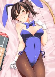 Rule 34 | 10s, 1girl, alternate costume, animal ears, bare shoulders, bed, black hair, blush, bow, bow (weapon), bowtie, breasts, brown eyes, brown hair, brown pantyhose, cleavage, detached collar, fake animal ears, flight deck, from above, gloves, iwanori, kaga (kancolle), kantai collection, large breasts, leotard, looking at viewer, lying, on back, open mouth, pantyhose, personification, playboy bunny, rabbit ears, short hair, shy, side ponytail, solo, sweat, weapon, white gloves, wrist cuffs