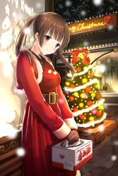 Rule 34 | 1girl, belt, blush, box, breasts, brown eyes, capelet, christmas, christmas tree, closed mouth, cona kinaco, dress, from side, fur trim, heart, highres, holding, long hair, medium breasts, merry christmas, mittens, night, original, outdoors, pink hair, pom pom (clothes), red dress, smile, snowing, solo, storefront, twintails, v arms