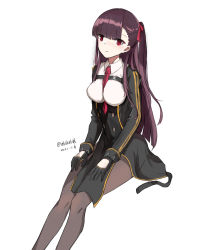 Rule 34 | 1girl, absurdres, between breasts, black dress, black gloves, black jacket, black pantyhose, braid, breasts, closed mouth, dated, dress, feet out of frame, girls&#039; frontline, gloves, hair ribbon, highres, jacket, long hair, long sleeves, looking at viewer, medium breasts, necktie, necktie between breasts, pantyhose, purple hair, red eyes, red necktie, red ribbon, ribbon, sakatakin, shirt, side braid, side ponytail, sitting, solo, wa2000 (girls&#039; frontline), white background, white shirt