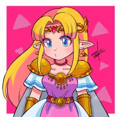 Rule 34 | 1girl, armor, armored dress, belt, blonde hair, blue eyes, circlet, collarbone, dot nose, highres, jewelry, looking at viewer, necklace, nintendo, nonoworks, pauldrons, pink background, pointy ears, princess zelda, shoulder armor, solo, the legend of zelda, the legend of zelda: a link between worlds, triforce earrings, upper body, wrist guards