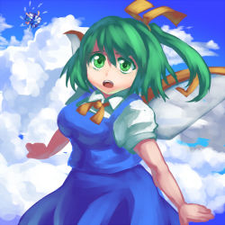 Rule 34 | 2girls, bloomers, bow, breasts, cirno, cloud, daiyousei, day, female focus, green eyes, green hair, large breasts, mizu mochi, multiple girls, side ponytail, sky, embodiment of scarlet devil, touhou, underwear, wings