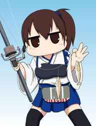 Rule 34 | 1girl, apron, black thighhighs, blue background, blue hakama, brown eyes, brown hair, commentary request, cowboy shot, fishing line, fishing rod, gradient background, hakama, hakama short skirt, hakama skirt, highres, holding, holding fishing rod, japanese clothes, kaga (kancolle), kantai collection, long hair, looking at viewer, muneate, no mouth, side ponytail, skirt, solo, standing, tasuki, thighhighs, yakuto007
