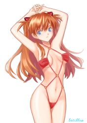 Rule 34 | 1girl, absurdres, alternate costume, arms up, artist name, bacillus, blue eyes, breasts, closed mouth, commentary request, curvy, hair ornament, highres, interface headset, long hair, looking at viewer, medium breasts, navel, neon genesis evangelion, o-ring, o-ring swimsuit, orange hair, pout, shiny skin, simple background, solo, souryuu asuka langley, swimsuit, underboob, variant set, white background, wide hips