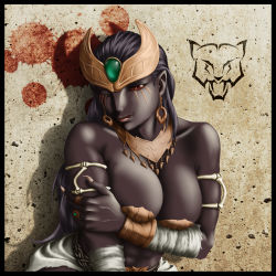 Rule 34 | 1girl, ;), against wall, arm wrap, armband, black hair, bracelet, breasts, breasts squeezed together, cleavage, colored sclera, colored skin, dark-skinned female, dark skin, earrings, facial mark, female focus, fingernails, forehead jewel, forehead protector, gradient background, grey skin, highres, jewelry, kamen rider, kamen rider kuuga (series), large breasts, licking lips, lips, long hair, neck ring, nose, one eye closed, pointy ears, red eyes, red sclera, ring, sharp fingernails, slit pupils, smile, solo, taikyokuturugi, tongue, tongue out, zu-mebio-da