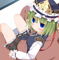 Rule 34 | 1girl, anger vein, blue eyes, blush, child, clothed female nude male, green hair, hat, hat ribbon, long sleeves, looking at viewer, looking back, nikku (ra), nude, pov, ribbon, shiki eiki, shirt, sitting, sitting on lap, sitting on person, skirt, touhou, vest, wavy mouth, aged down