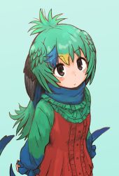 Rule 34 | 10s, 1girl, blue background, blue hair, brown eyes, brown hair, center frills, commentary request, dress, expressionless, frills, green hair, head wings, kemono friends, long sleeves, looking at viewer, multicolored clothes, multicolored dress, multicolored hair, resplendent quetzal (kemono friends), rumenia (ao2is), simple background, solo, upper body, wings