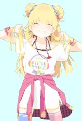 Rule 34 | 1girl, bad id, bad twitter id, blonde hair, blue background, blush, closed eyes, clothes writing, earrings, hageshii nakano, hair ornament, highres, holding, holding hair, idolmaster, idolmaster cinderella girls, jewelry, jougasaki rika, long hair, looking at viewer, multicolored hair, nail polish, necklace, no pants, plaid, scrunchie, shirt, short sleeves, simple background, smile, socks, solo, teeth, tied sweater, two-tone hair, white shirt, wrist scrunchie, wristband