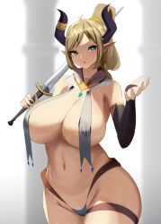 Rule 34 | 1girl, :o, bare shoulders, black horns, blonde hair, breast curtains, breasts, demon girl, green eyes, harem outfit, highres, holding, holding sword, holding weapon, horn ornament, horn ring, horns, huge breasts, loincloth, long hair, naughty face, original, pointy ears, revealing clothes, sana!rpg, sword, thick thighs, thighs, weapon, wide hips