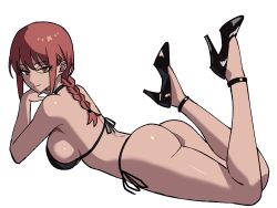 Rule 34 | 1girl, ass, bikini, black footwear, breasts, chainsaw man, high heels, highres, large breasts, legs up, light smile, looking at viewer, lying, makima (chainsaw man), ponytail, red hair, ringed eyes, short hair, swimsuit, yellow eyes, zeon (zzeeonn)