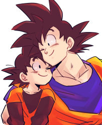 Rule 34 | 2boys, ;), black eyes, black hair, child, dougi, dragon ball, dragonball z, father and son, happy, highres, long sleeves, looking at another, male focus, miiko (drops7), multiple boys, one eye closed, short hair, simple background, smile, son goku, son goten, spiked hair, white background
