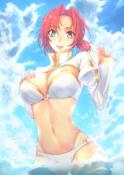 Rule 34 | 1girl, adapted costume, bikini, blue eyes, boudica (fate), breasts, fate/grand order, fate (series), hand on own chest, highres, large breasts, looking at viewer, narumi muran, o-ring, o-ring bikini, partially submerged, red hair, short hair, short ponytail, shrug (clothing), solo, swimsuit, wading, water, white bikini