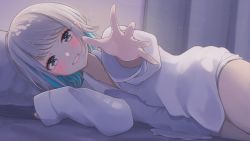 Rule 34 | 1girl, bed, blue eyes, blue hair, blush, bottomless, copyright request, ene mizunoawa, hands up, highres, long sleeves, looking at viewer, lying, multicolored hair, on bed, on side, open mouth, pov across bed, reaching, reaching towards viewer, short hair, solo, teeth, white hair