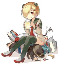 Rule 34 | 2girls, :t, alcohol, annoyed, armband, banana, beer, beer mug, black legwear, blonde hair, blush, bottomless, broken, brown hair, brown hat, closed mouth, cup, dated, dress, food, fruit, full body, graf spee (warship girls r), hair ornament, hair over one eye, hairclip, hat, headgear, high heels, holding, lino-lin, long sleeves, looking at viewer, lying, machinery, marshmallow, mug, multiple girls, no pants, on stomach, pout, sailor, sailor dress, shirt, short hair, sitting, sitting on person, skewer, sukhbaatar (warship girls r), swept bangs, thighhighs, unfinished, warship girls r, white background, white shirt
