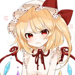 Rule 34 | &gt;:(, 1girl, :t, anger vein, bad id, bad pixiv id, blonde hair, blush, bow, dated, flandre scarlet, frown, gotou (nekocat), hair between eyes, hat, hat bow, looking at viewer, mob cap, neck ribbon, pout, red bow, red eyes, red ribbon, ribbon, ribbon trim, short hair with long locks, side ponytail, simple background, sleeveless, solo, tearing up, tears, touhou, upper body, v-shaped eyebrows, white background, white hat, wings