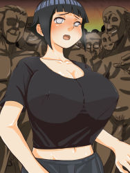 Rule 34 | 1girl, black hair, black shirt, blush, breasts, breath, censored, cleavage, clothed female nude male, covered erect nipples, dark-skinned male, dark skin, embarrassed, highres, huge breasts, hyuuga hinata, imminent rape, looking at viewer, midriff, mosaic censoring, naruto, naruto (series), no eyes, nude, open mouth, oppai loli, penis, shirt, short hair, shortstack, standing, uohaman, upper body, white eyes