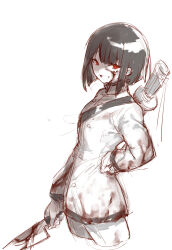 Rule 34 | 1girl, black hair, blood, blood on clothes, blood on face, highres, holding, holding knife, jacket, knife, limbus company, long sleeves, ootachi, open mouth, project moon, red eyes, ryoshu (project moon), short hair, simple background, smile, solo, uchimura (rino0525), white background, white jacket