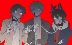 Rule 34 | 3boys, ahoge, alternate eye color, animal ears, atou haruki, black jacket, blonde hair, blood, blood on face, blood on hands, blue jacket, brown hair, brown shirt, brown sweater, chain, chain leash, collar, collared shirt, commentary request, crossed arms, dog boy, dog ears, hair between eyes, hands up, holding, holding chain, holding leash, isoi reiji, jacket, kemonomimi mode, leash, long sleeves, male focus, multiple boys, open clothes, open jacket, open shirt, parted bangs, qubagogo, red collar, red eyes, red shirt, ribbed sweater, saibou shinkyoku, shinano eiji, shirt, short hair, smile, sweater, turtleneck, turtleneck sweater, white shirt