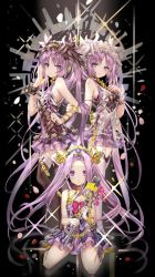 Rule 34 | 3girls, black dress, black feathers, black footwear, black legwear, black vs white, blush, bow, bracelet, breasts, chain, choker, cleavage, collarbone, commentary request, dress, euryale (fate), euryale (twin star divas) (fate), fate/grand order, fate/hollow ataraxia, fate (series), feather hair, feather hair ornament, feathers, floating hair, flower, flower choker, from side, full body, hair intakes, hair ornament, hairband, hand on another&#039;s arm, hand on own chest, headphones, highres, holding, holding microphone, idol, jewelry, light smile, lolita hairband, long hair, looking at viewer, medusa (fate), medusa (lancer) (fate), medusa (rider) (fate), microphone, multiple girls, open mouth, parted lips, petals, purple dress, purple eyes, purple footwear, purple hair, red bow, rider, shino (eefy), siblings, sisters, sitting, small breasts, sparkle, square pupils, standing, stheno (fate), stheno (twin star divas) (fate), thighhighs, twins, twintails, very long hair, wariza, white bow, white dress, white feathers, white footwear, white legwear, yellow choker, yellow feathers